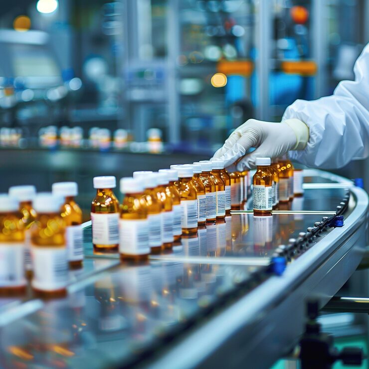 closeup medicine line with glass bottles pharmaceutical production line 999264 1849